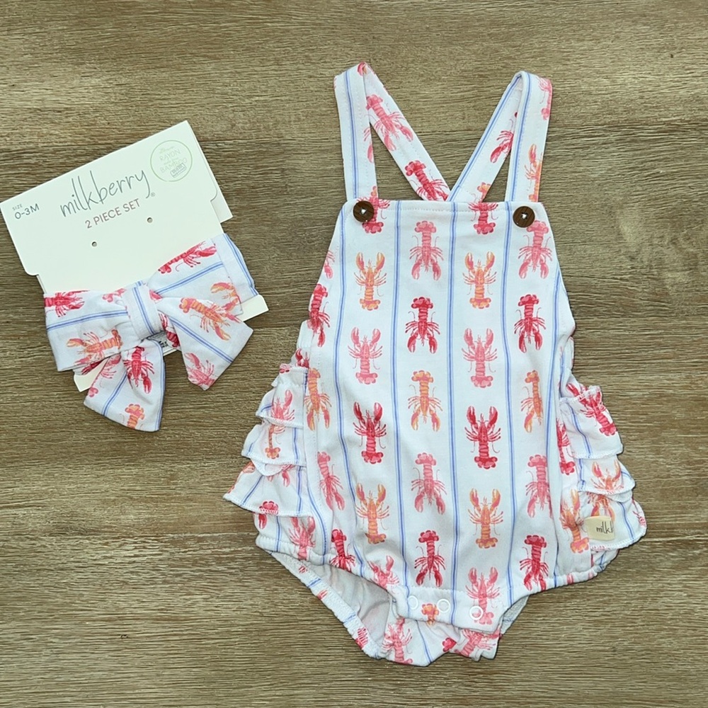 Milkberry Baby Girl Bamboo Lobster Ruffle Bubble Romper 0-3 months